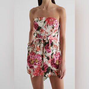 Express Satin Floral Strapless Tie Waist Romper Pink Size 12 NWOT